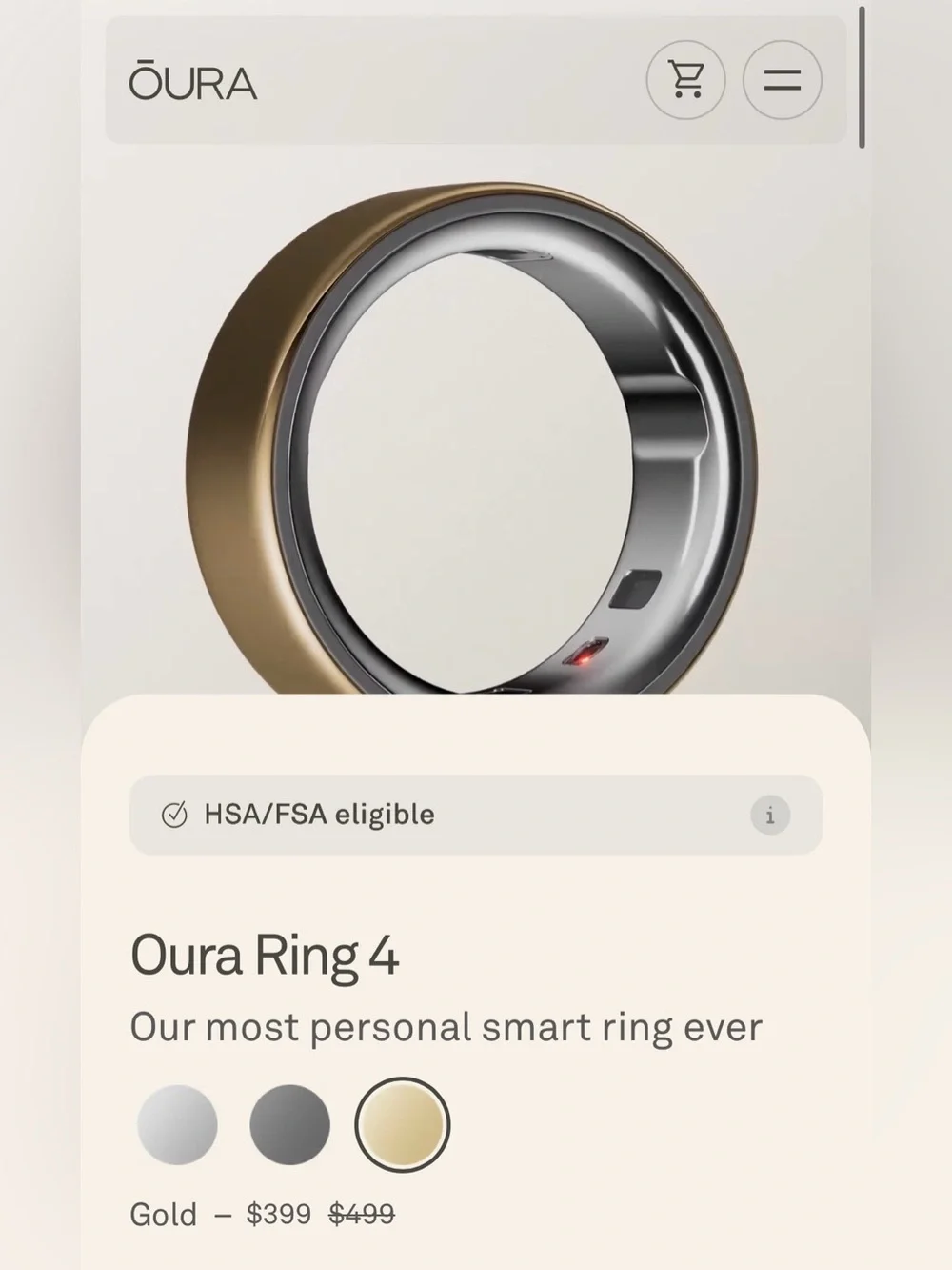 Oura Ring 4 Smart Ring — Gold Finish with Silver Interior
